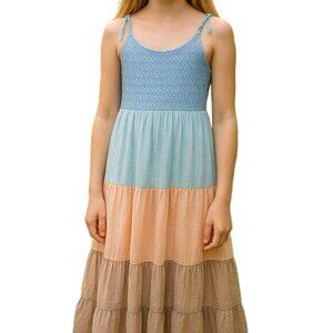Speechless Kids Tiered Maxi Sundress Sleeveless Tie Shoulders Blue Peach 14